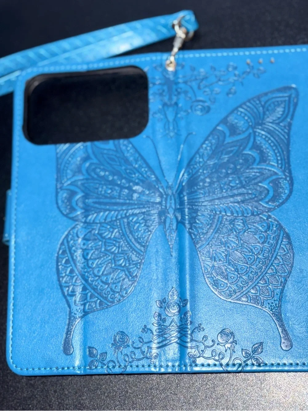 Blue Butterfly Wallet Phone Case with Wrist Strap